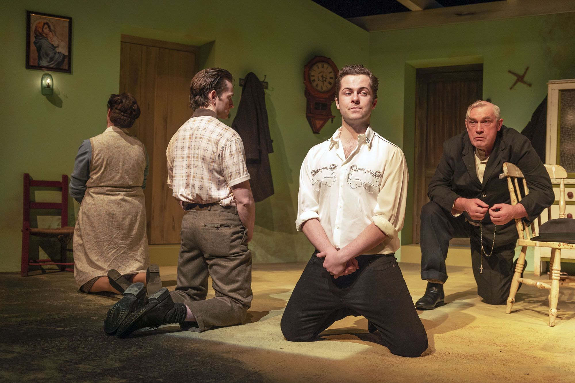 Catherine Walsh (Madge), Seamus O'Rourke (S.B.), Shane O'Regan (Gar Public), Alex Murphy (Gar Private), in Brian Friel's Philadelphia Here I Come! directed by Geoff Gould and presented by Patrick Talbot Productions at Cork Opera House, 5th to 16th October.